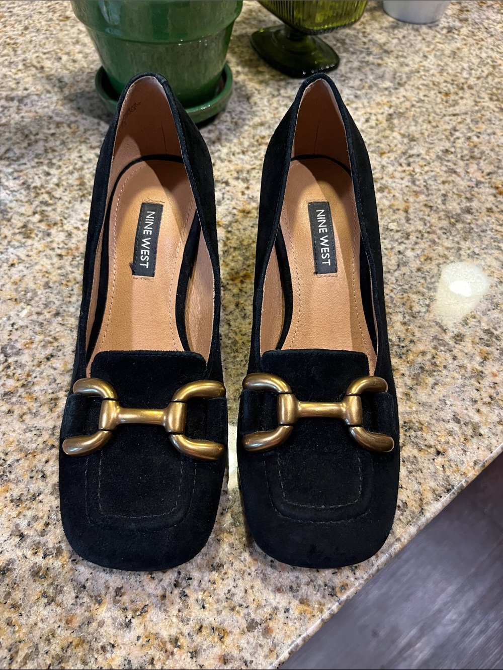 Nine West Black Suede Loafers with Gold Horsebit